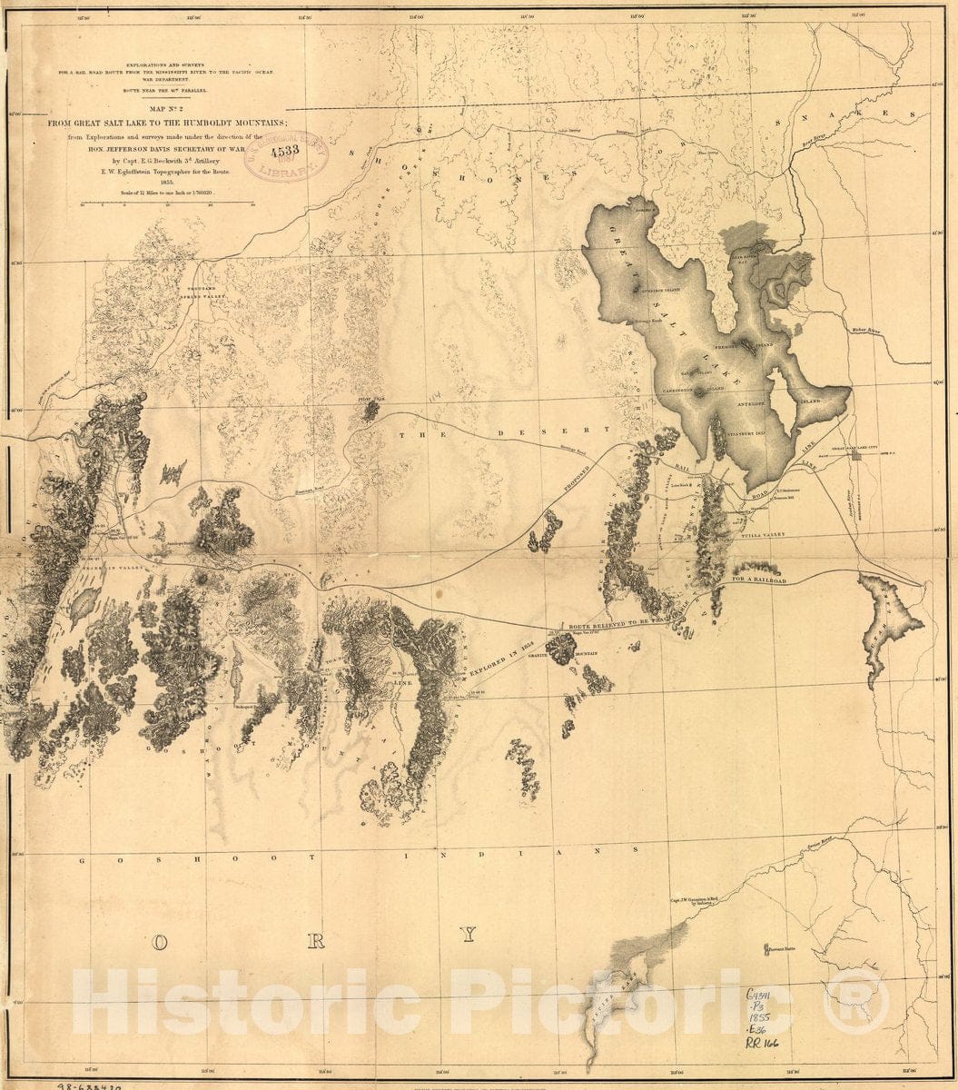 Historic 1855 Map - from Great Salt Lake to The Humboldt Mountains.