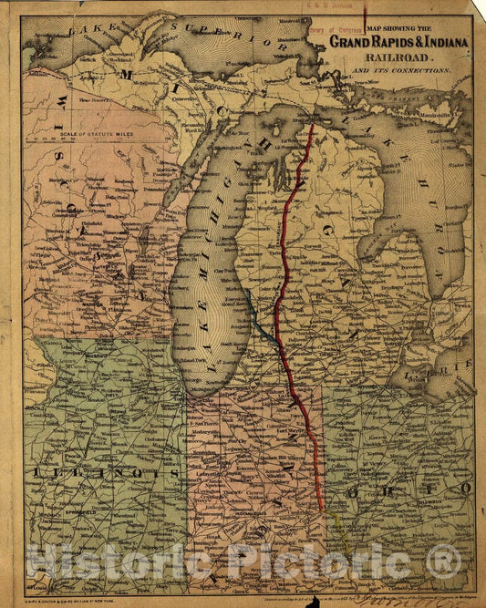 Historic 1871 Map - Map Showing The Grand Rapids & Indiana Railroad, and its Connections.