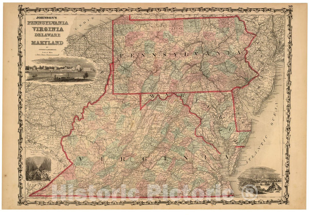 Historic 1862 Map - Johnson's Pennsylvania, Virginia, Delaware, and Maryland 1