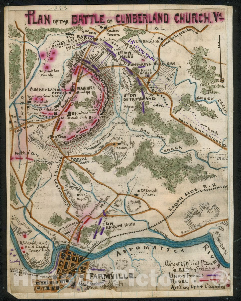 Historic 1865 Map - Plan of The Battle of Cumberland Church, Va.
