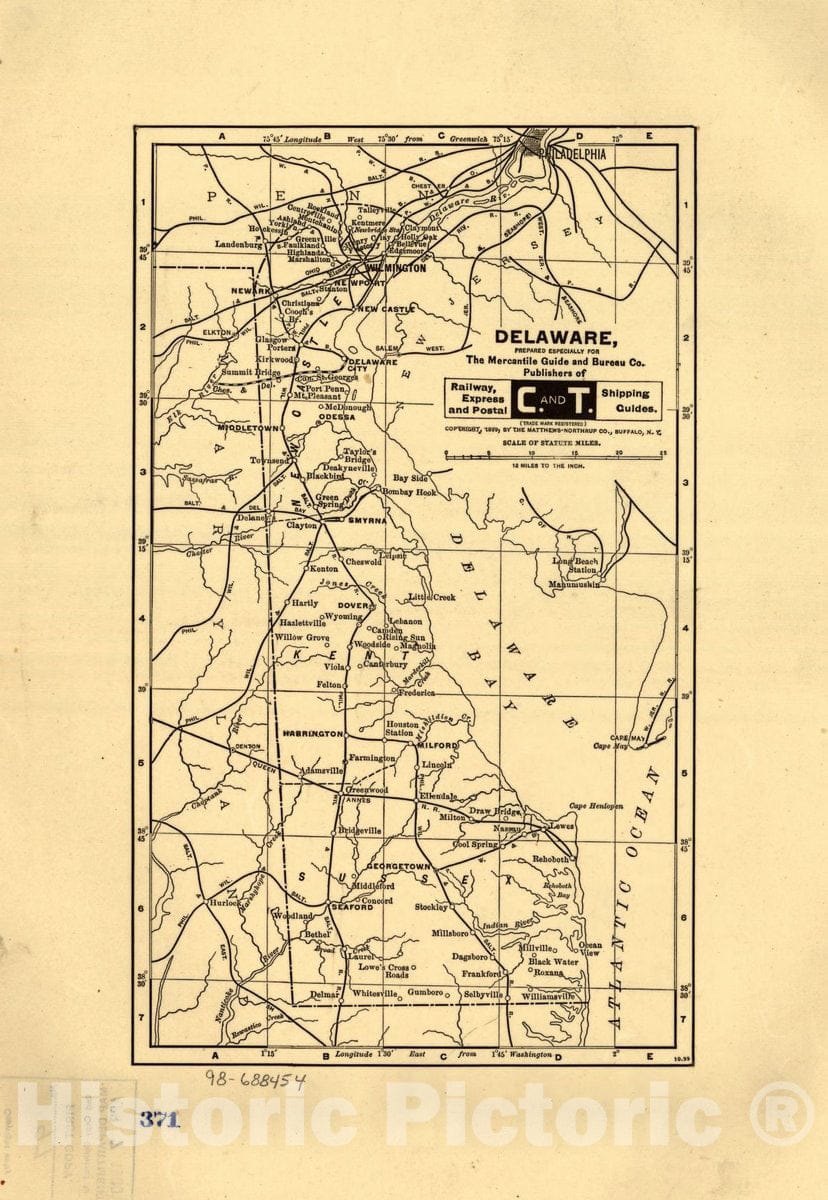 Historic 1899 Map - Delaware, Prepared Especially for The Mercantile Guide and Bureau Co. Publishers of Railway, Express and Postal Shipping Guides.