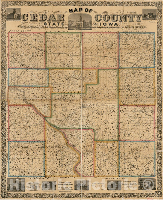 Historic 1863 Map - Map of Cedar County, State of Iowa