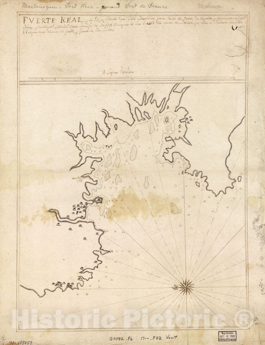 Historic 1700 Map - Fuerte Real y su bahÃ­a situado en la Ysla Martinica en la Pate sic del oeste de la dha. en la latitu. DE 14 y 36 Norte y en 376 y 14, meridiano de Tenerife.
