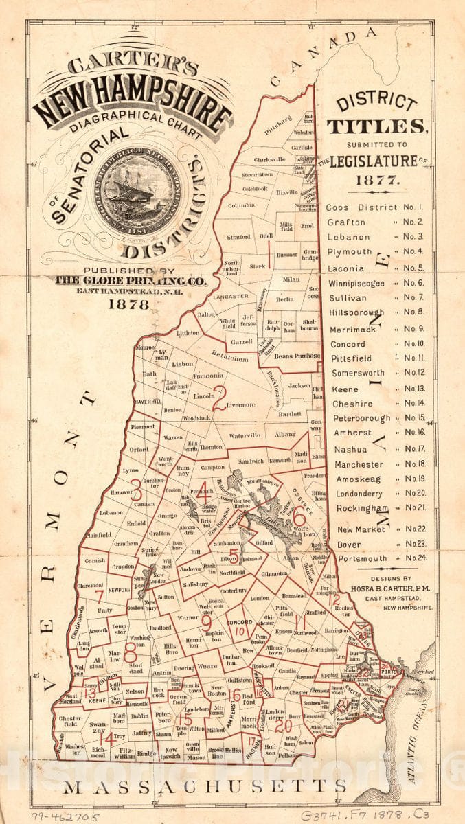Historic 1878 Map - Carter's New Hampshire diagraphical Chart of senatorial districts