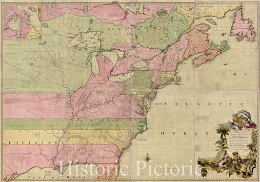 Historic 1755 Map - A map of The British and French dominions in North America, with The Roads, Distances, Limits, and Extent of The settlements