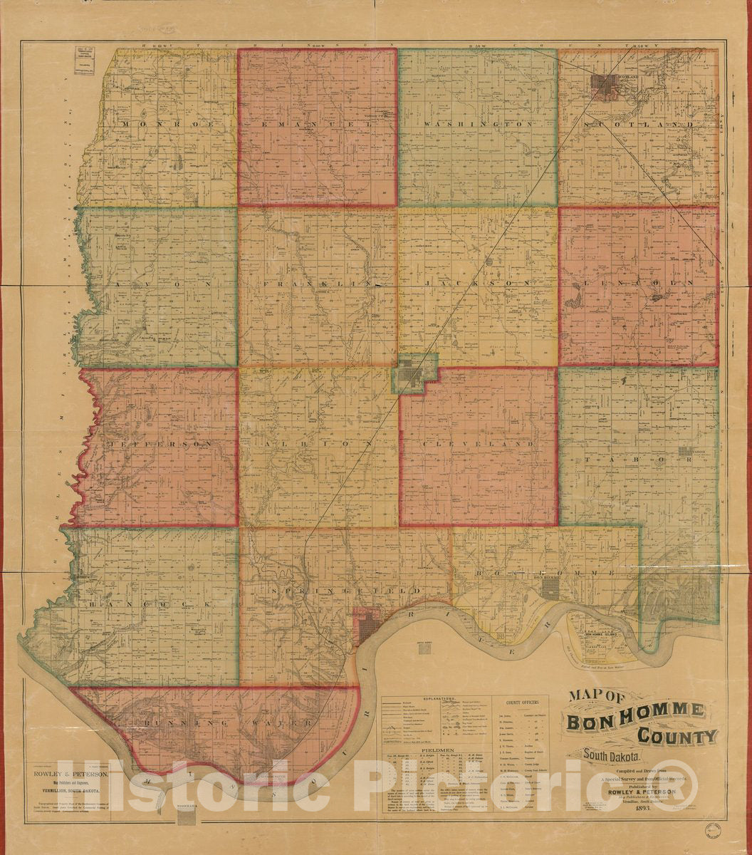 Historic 1893 Map - Map of Bon Homme County, South Dakota : compiled and Drawn from a Special Survey and from Official Records.