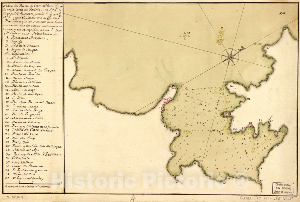 Historic 1750 Map - Plano del Puerto de CamariÃ±as situado en la Costa de Galicia en la latitd. DE 43 gros. 36 ms. Norte y en la longd. DE 8 gs. 46 ms. segun el meridiano de Tenerife.
