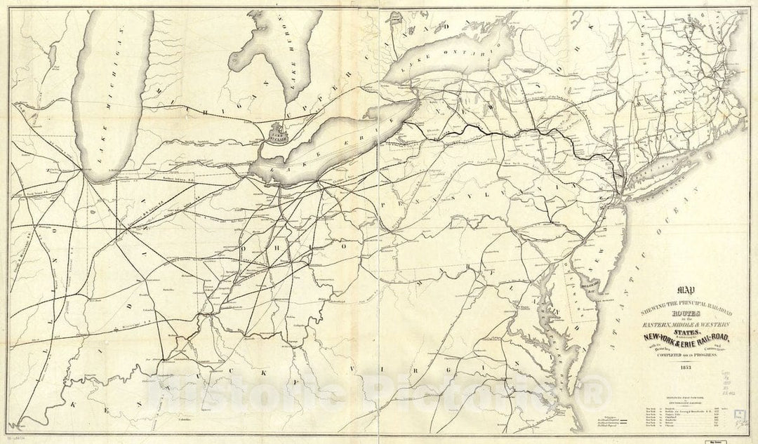 Historic 1853 Map - Map shewing The Principal Rail-Road Routes in The Eastern, Middle & Western States, exhibiting The New-York & Erie Rail-Road, with its Branches and Connections