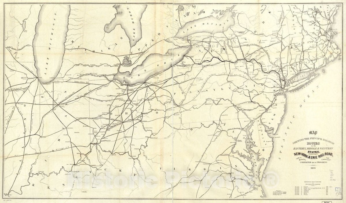 Historic 1853 Map - Map shewing The Principal Rail-Road Routes in The Eastern, Middle & Western States, exhibiting The New-York & Erie Rail-Road, with its Branches and Connections