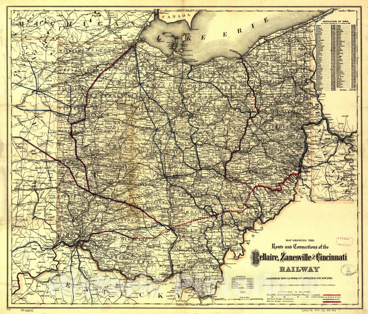 Historic 1883 Map - Map Showing The Route and Connections of The Bellaire, Zanesville and Cincinnati Railway.