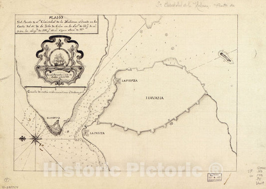 Historic 1791 Map - Plano del Puerto de Sn. Christobal de la Habana situado en la Costa del N. de la ysla de Cuba en la latd. DE 23 gs. 10 ms. y en la longd. de 293 gs. 43 ms.