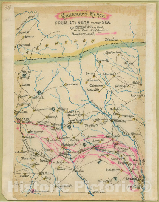 Historic 1864 Map - Sherman's March from Atlanta to The sea. Drawn from Official map of Brig. Genl. O. M. Poe, Chief Engineer.