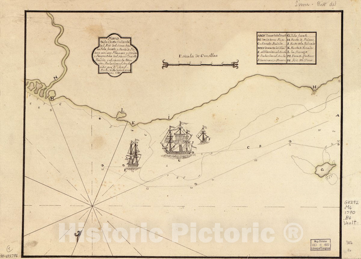 Historic 1790 Map - Plano de la Costa osidental del RÃ­o del SinÃº Hasta Ysla Fuerte y Punta de Piedras con sus plaseres y zondas y prespectiba del Navio Onesto Perdido