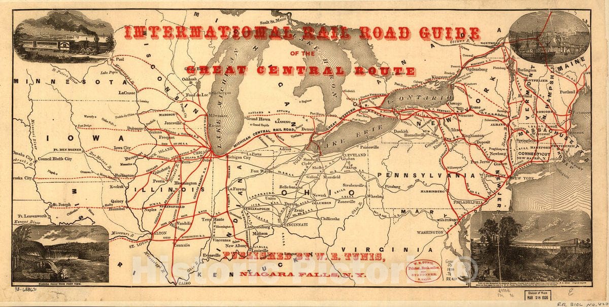Historic 1855 Map - International Rail Road Guide of The Great Central Route.