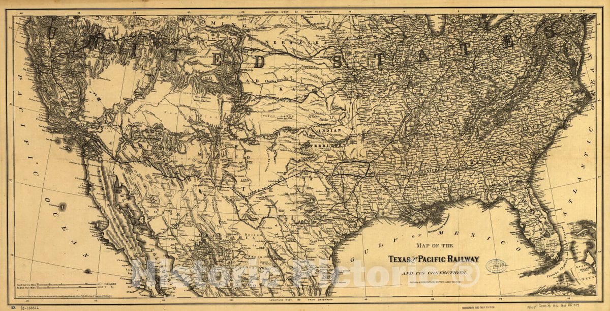 Historic 1876 Map - Texas and Pacific Railway and its Connections.