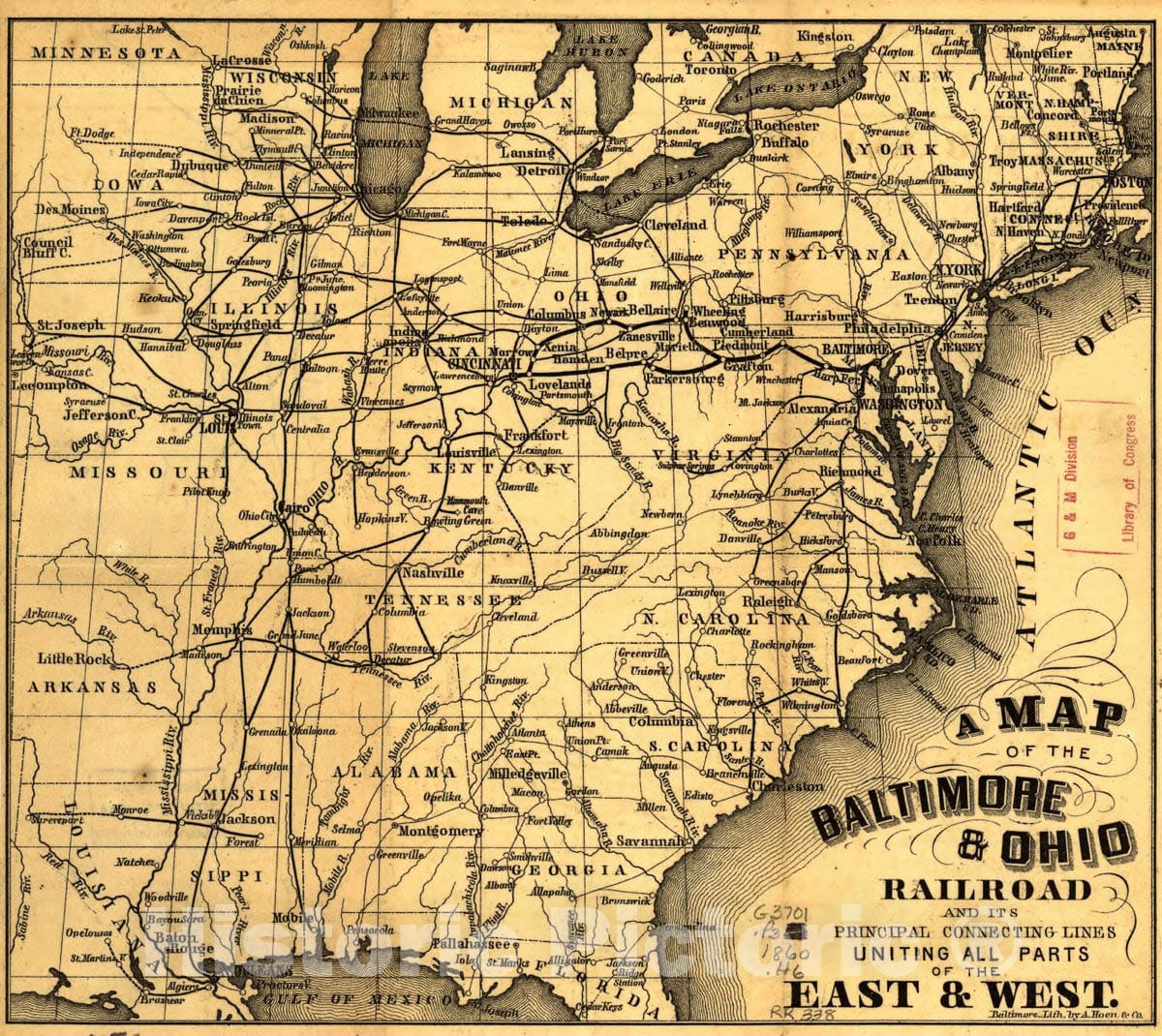 Historic 1860 Map - A map of The Baltimore & Ohio Railroad and its Principal Connecting Lines Uniting All Parts of The East & West.