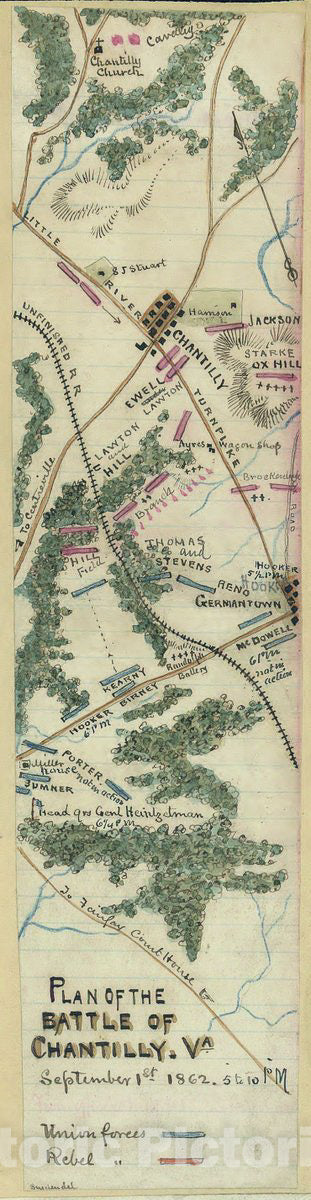 Historic 1862 Map - Plan of The Battle of Chantilly, Va, September 1st, 1862, 5 to 10 p.m.