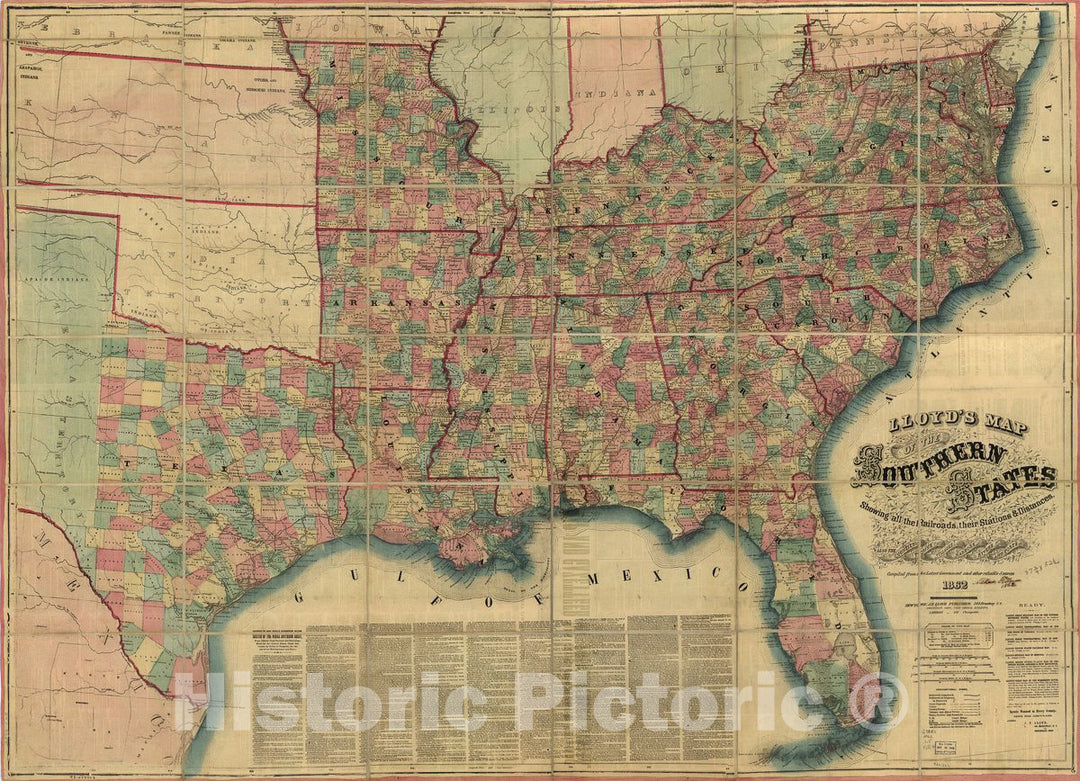 Historic 1862 Map - Lloyd's map of The Southern States Showing All The Railroads, Their Stations & Distances, Also The Counties, Towns, Villages, Harbors, Rivers, and forts.