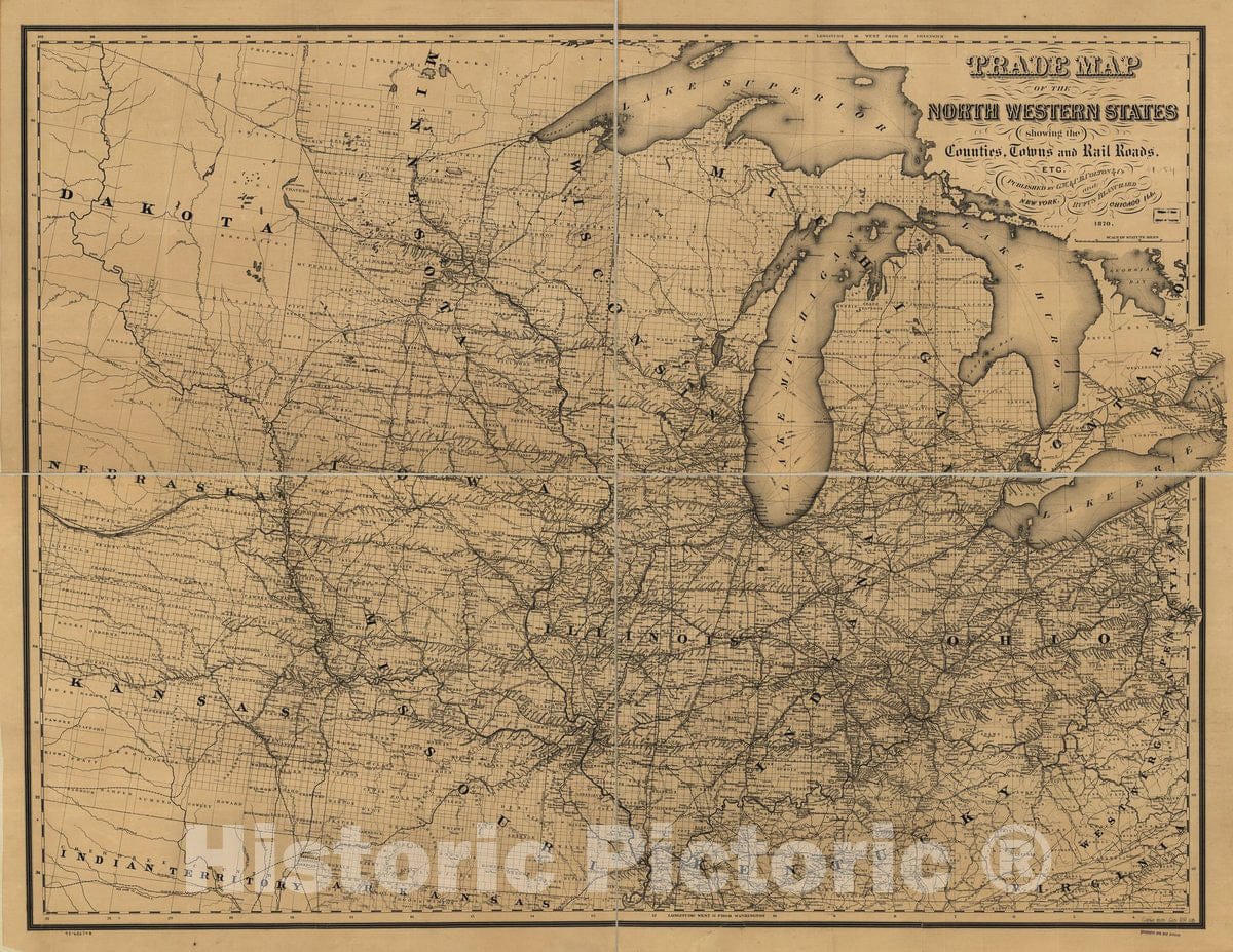 Historic 1870 Map - Trade map of The North Western States Showing The Counties, Towns and Rail Roads, etc.