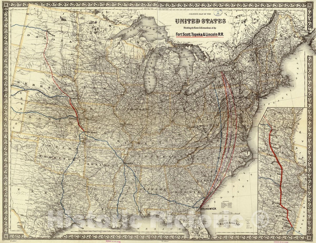 Historic 1883 Map - Colton's map of The United States Showing The Route & Connections of The Fort Scott, Topeka & Lincoln R.R.