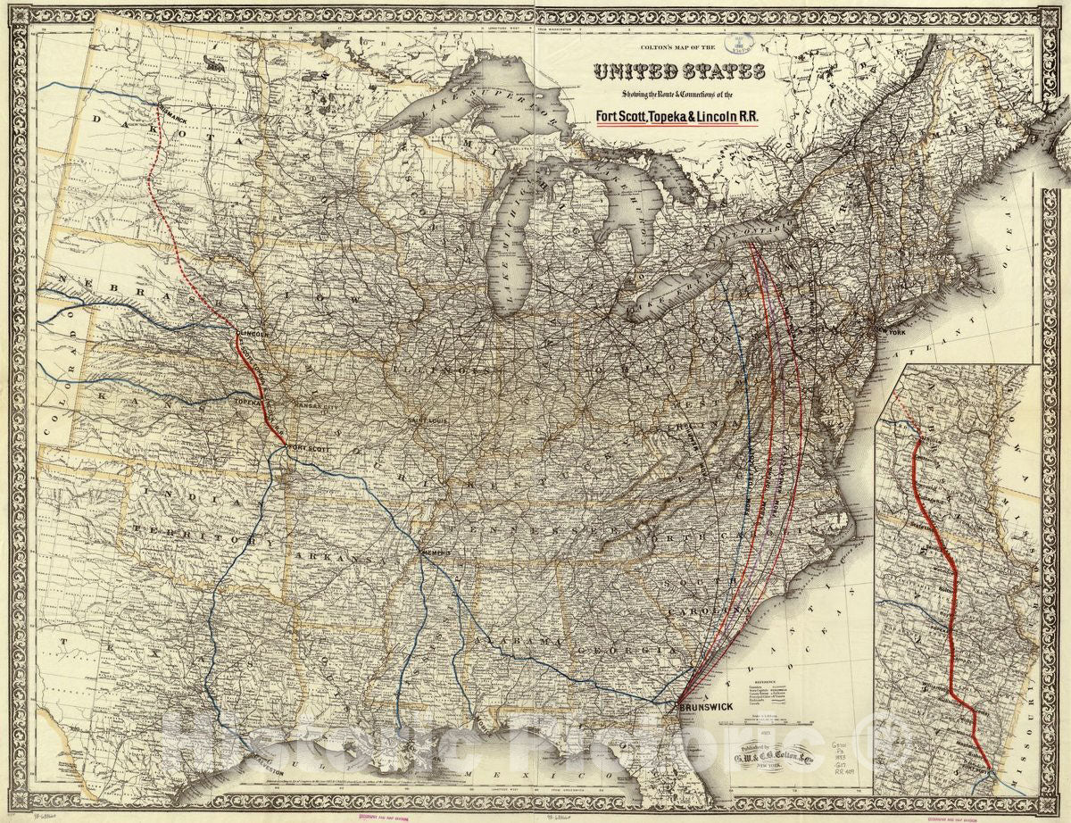 Historic 1883 Map - Colton's map of The United States Showing The Route & Connections of The Fort Scott, Topeka & Lincoln R.R.