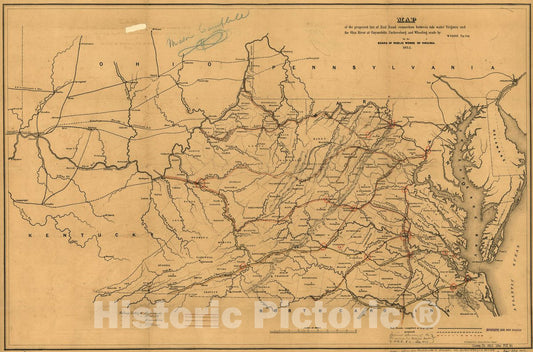 Historic 1852 Map - Map of The Proposed line of Rail Road Connection Between Tide Water Virginia and The Ohio River at Guyandotte, Parkersburg and Wheeling