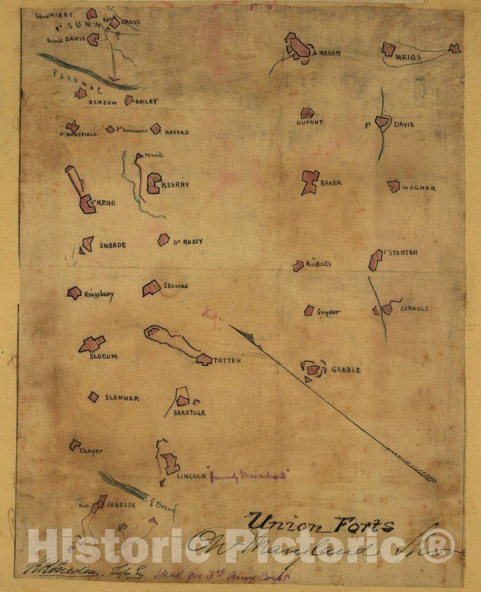 Historic 1861 Map - Union forts on Maryland Shore