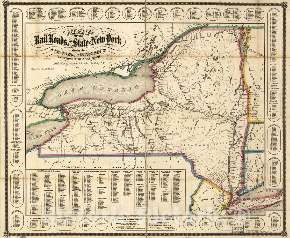 Historic 1858 Map - Map of The Rail Roads of The State of New York Showing The Stations, Distances & Connections with Other Roads; Thos. Pentingale, L.P. Behn.