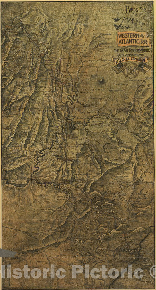 Historic 1887 Map - Birds-Eye map of The Western and Atlantic R.R, The Great Kennesaw Route; Army Operations, Atlanta Campaign, 1864.