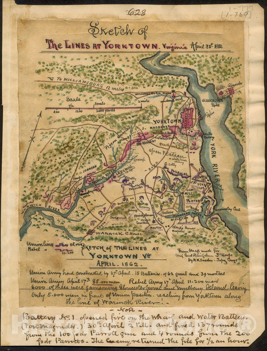 Historic 1862 Map - Sketch of The Lines at Yorktown Virginia April 30th 1862.