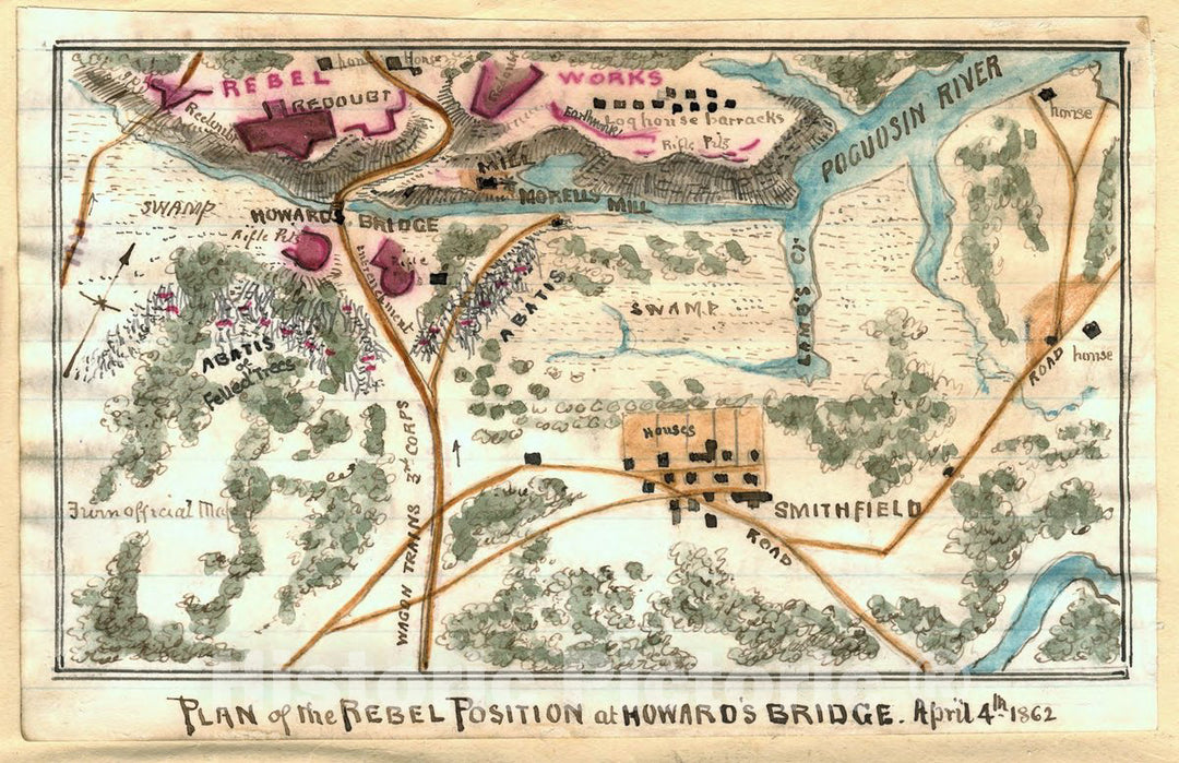 Historic 1862 Map - Plan of The Rebel Position at Howard's Bridge, April 4th 1862.