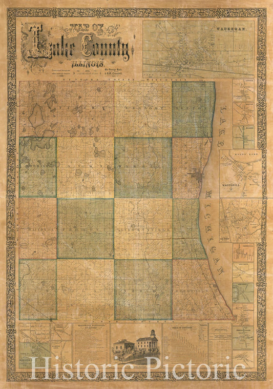 Historic 1861 Map - Map of Lake County, Illinois