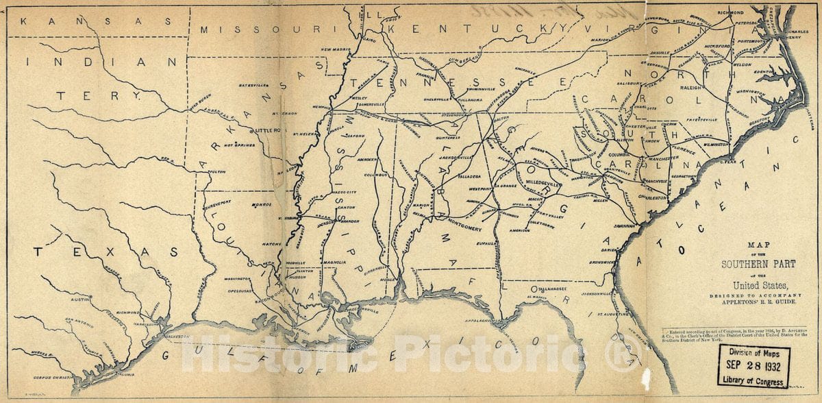 Historic 1856 Map - Map of The Southern Part of The United States, Designed to accompany Appletons' R.R. Guide.