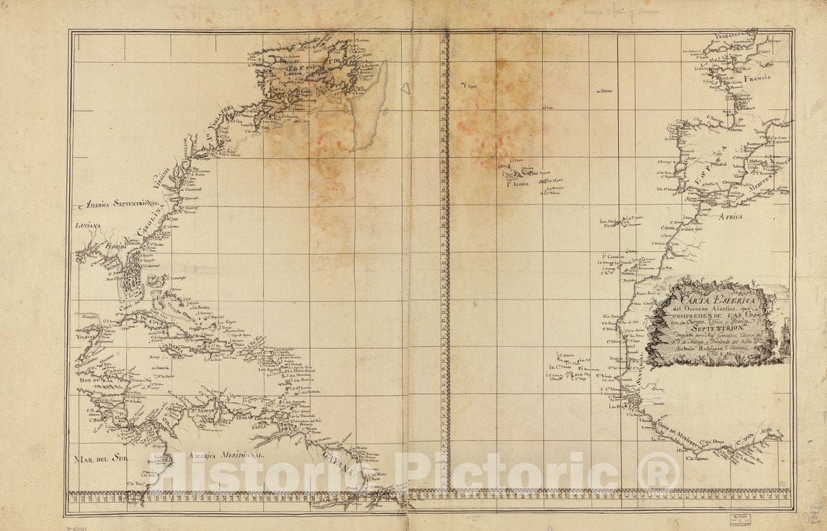 Historic 1800 Map - Carta esfÃ©rica del Occeano sic AlÃ¡ntico sic que comprehende las Costas de Europa, Africa y AmÃ©rica septentrional