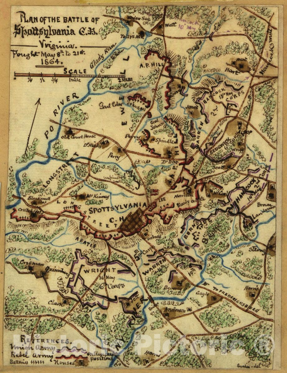 Historic 1864 Map - Plan of The Battle of Spotsylvania C.H, Virginia : Fought May 8th to 21st 1864.