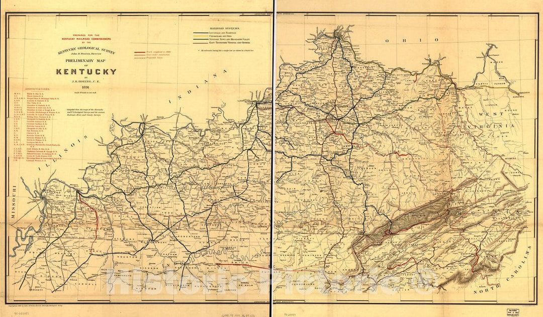 Historic 1889 Map - Preliminary map of Kentucky 1891. Prepared for The Kentucky Railroad commissioners by The Kentucky Geological Survey, John R. Procter, Director.