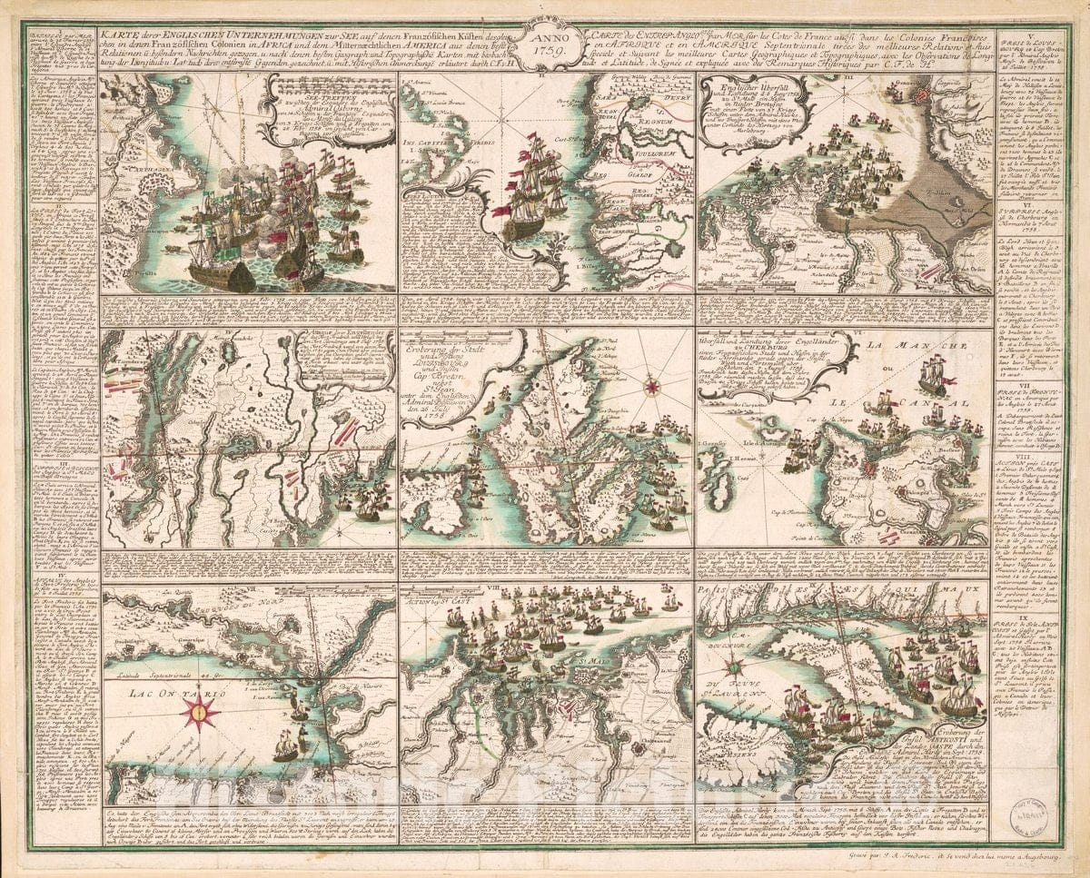 Historic 1758 Map - Karte derer englischen Unternehmungen zur See auf denen franzÃ¶sischen KÃ¼sten desgleichen in denen franzÃ¶sischen Colonien in Africa und dem mitternÃ¦chtlichen America
