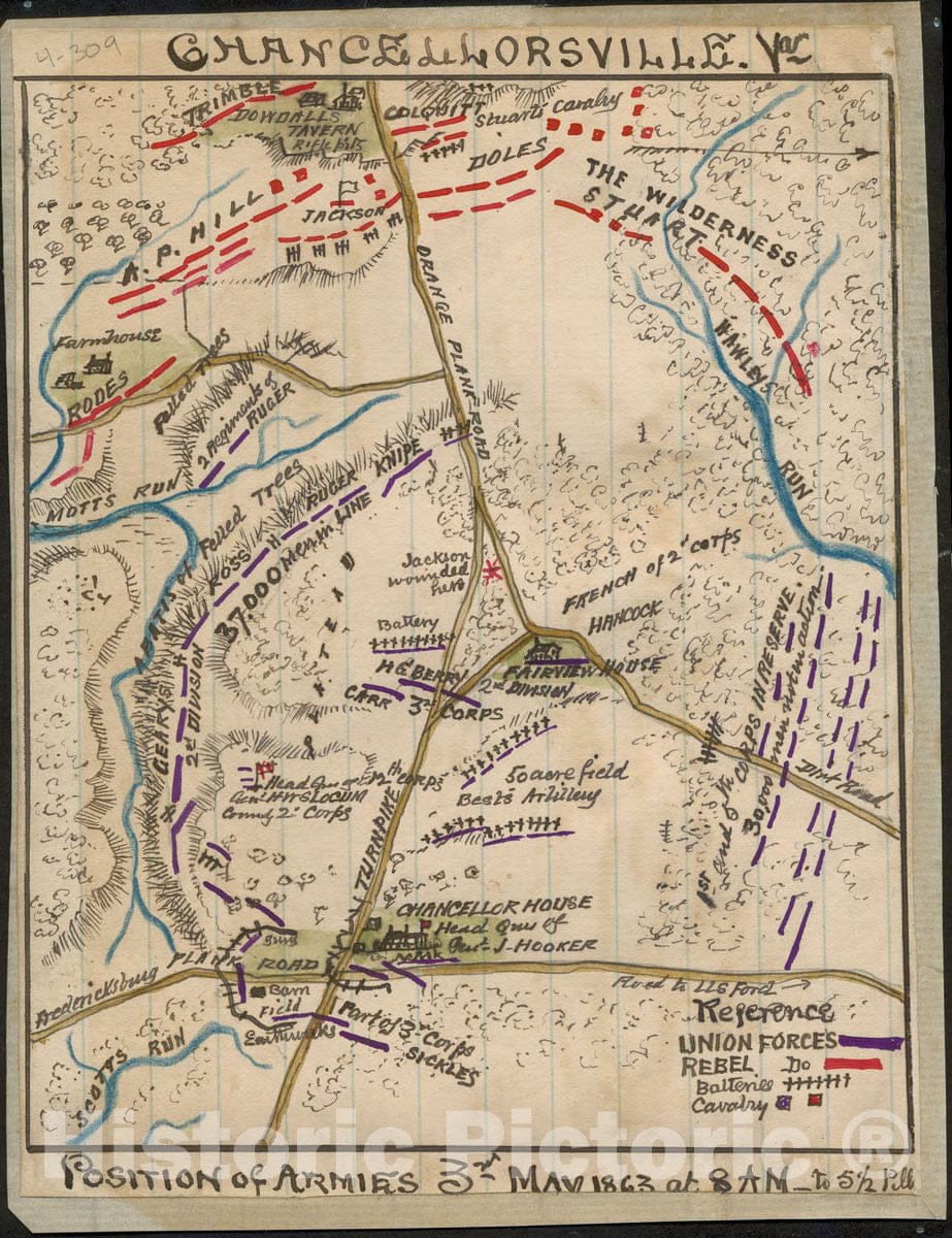 Historic 1863 Map - Chancellorsville, Va. Position of Armies 3rd May 1863 at 8 a.m. to 5 1/2 p.m.