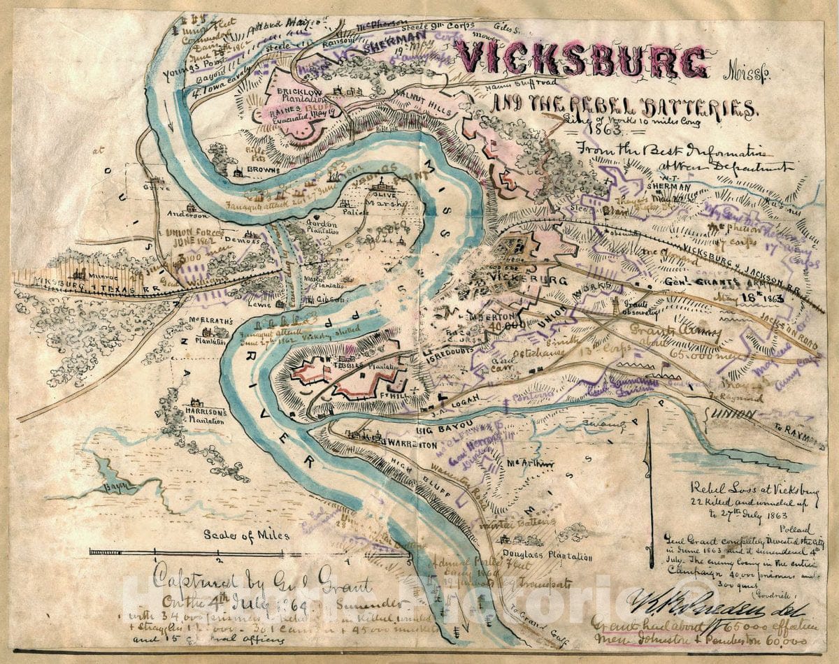 Historic 1863 Map - Vicksburg Missp. and The Rebel Batteries 1863.