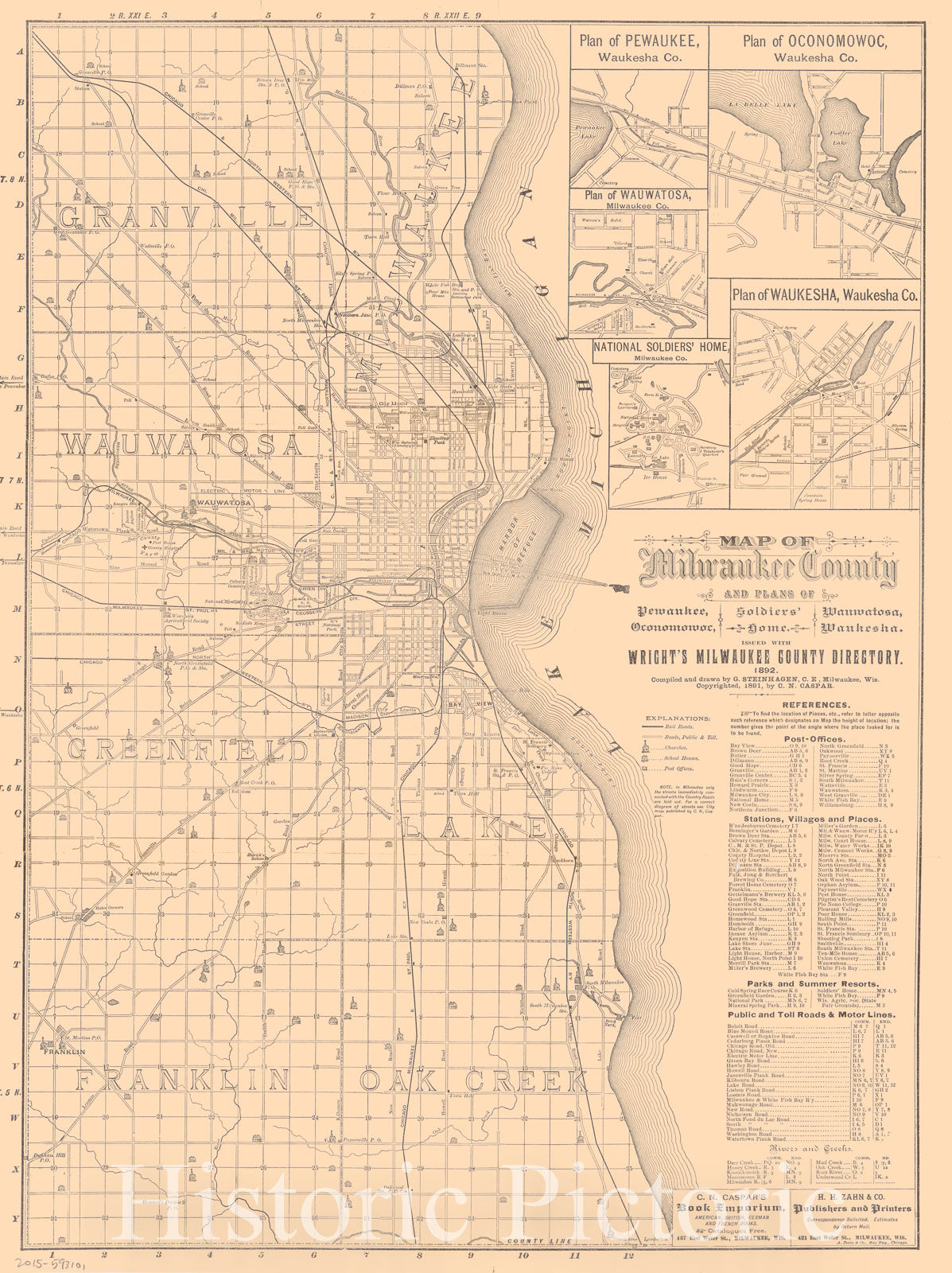 Historic 1892 Map - Map of Milwaukee County and Plans of Pewaukee, Oconomowoc, Wauwatosa, Waukesha