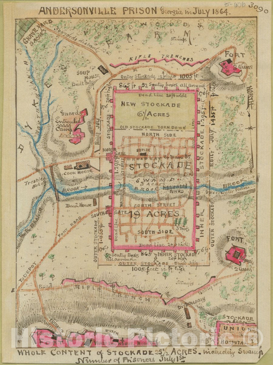 Historic 1864 Map - Andersonville Prison, Georgia in July 1864.