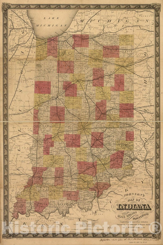 Historic 1858 Map - Johnson's map of Indiana Showing The Rail Roads and townships compiled from The Latest & Best Authorities.
