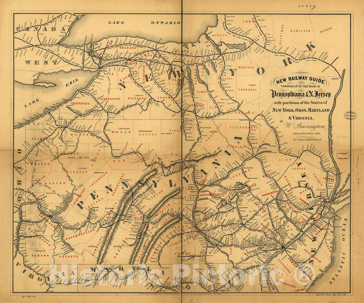 Historic 1863 Map - New Railway Guide containing All The Rail Roads in Pennsylvania & N. Jersey with portions of New York, Ohio, Maryland & Virginia.