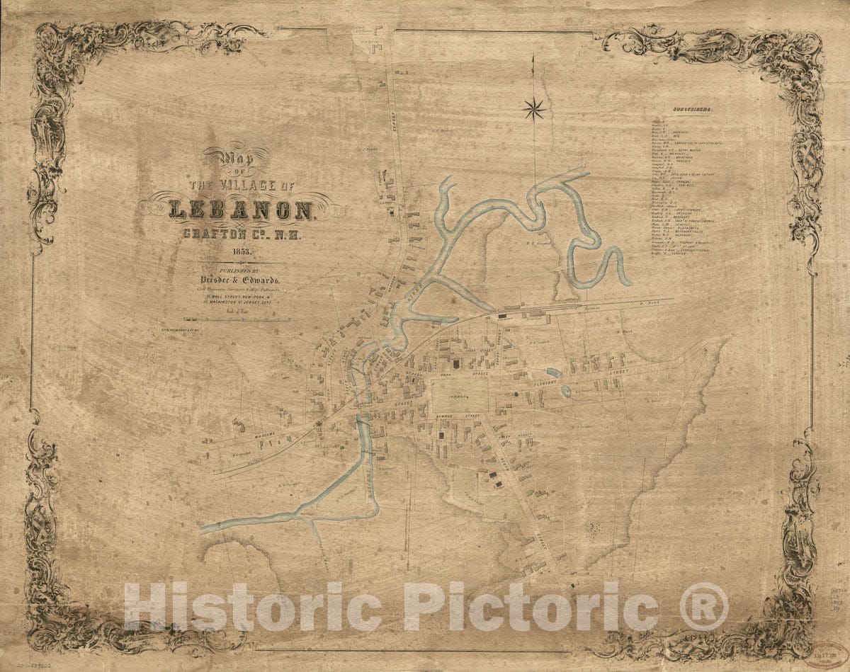 Historic 1853 Map - Map of The Village of Lebanon, Grafton Co, N.H, 1853.