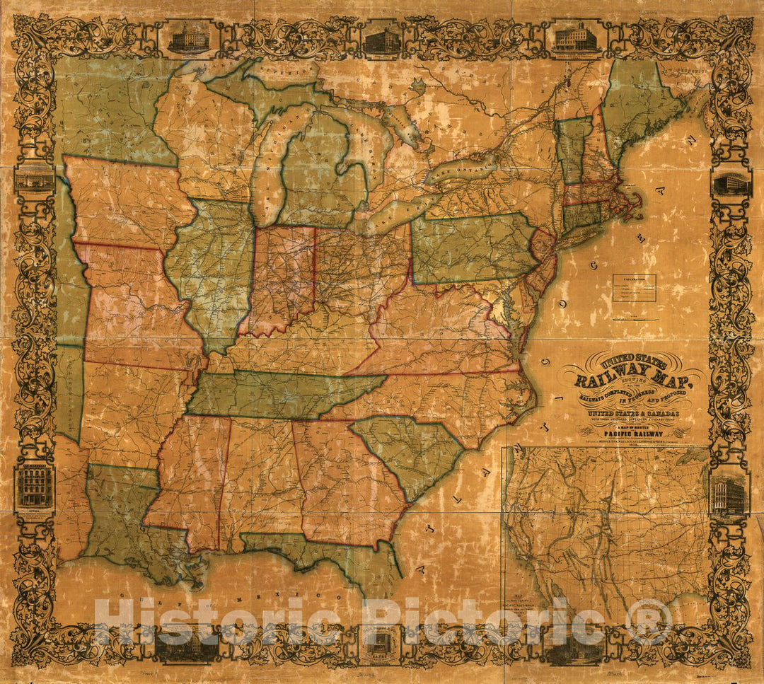 Historic 1856 Map - United States Railway map, Showing All The Railways Completed in Progress and Proposed in The United States & Canadas with Their Stations, Distances