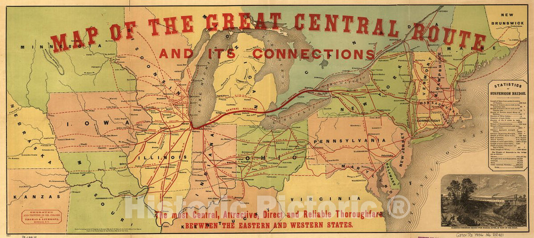 Historic 1856 Map - Map of The Great Central Route and its Connections, The Most Central, Attractive, Direct and Reliable Thoroughfare Between The Eastern and Western States.