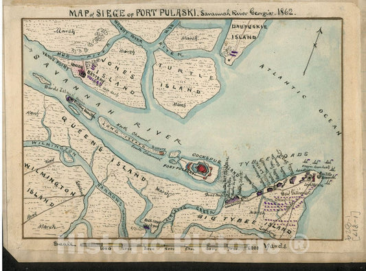 Historic 1862 Map - Map of Siege of Fort Pulaski : Savannah River Georgia. 1862.