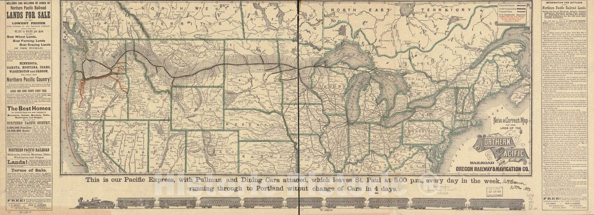 Historic 1883 Map - New and Correct map of The Lines of The Northern Pacific Railroad and Oregon Railway & Navigation Co.