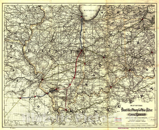 Historic 1881 Map - Map of The Danville, Olney & Ohio River Railroad and its Connections.