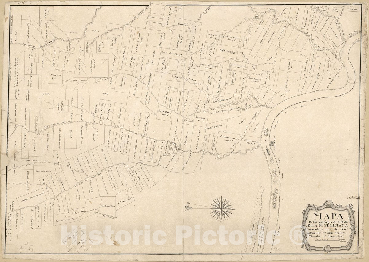 Historic 1799 Map - Mapa de las locaciones del Distrito de la Na Feliciana
